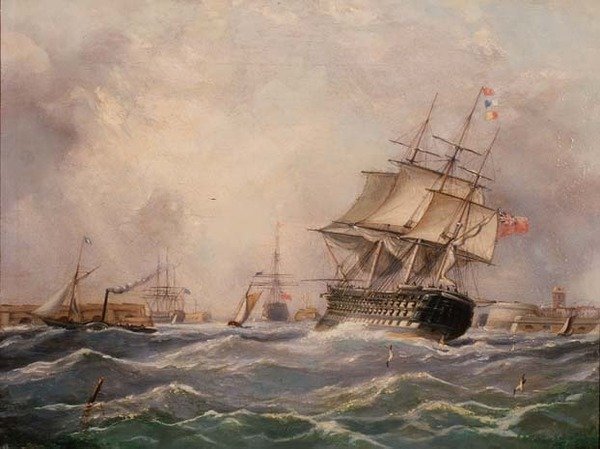 Britská válečná loď u Portsmouthu od Thomas (attr. to) Buttersworth