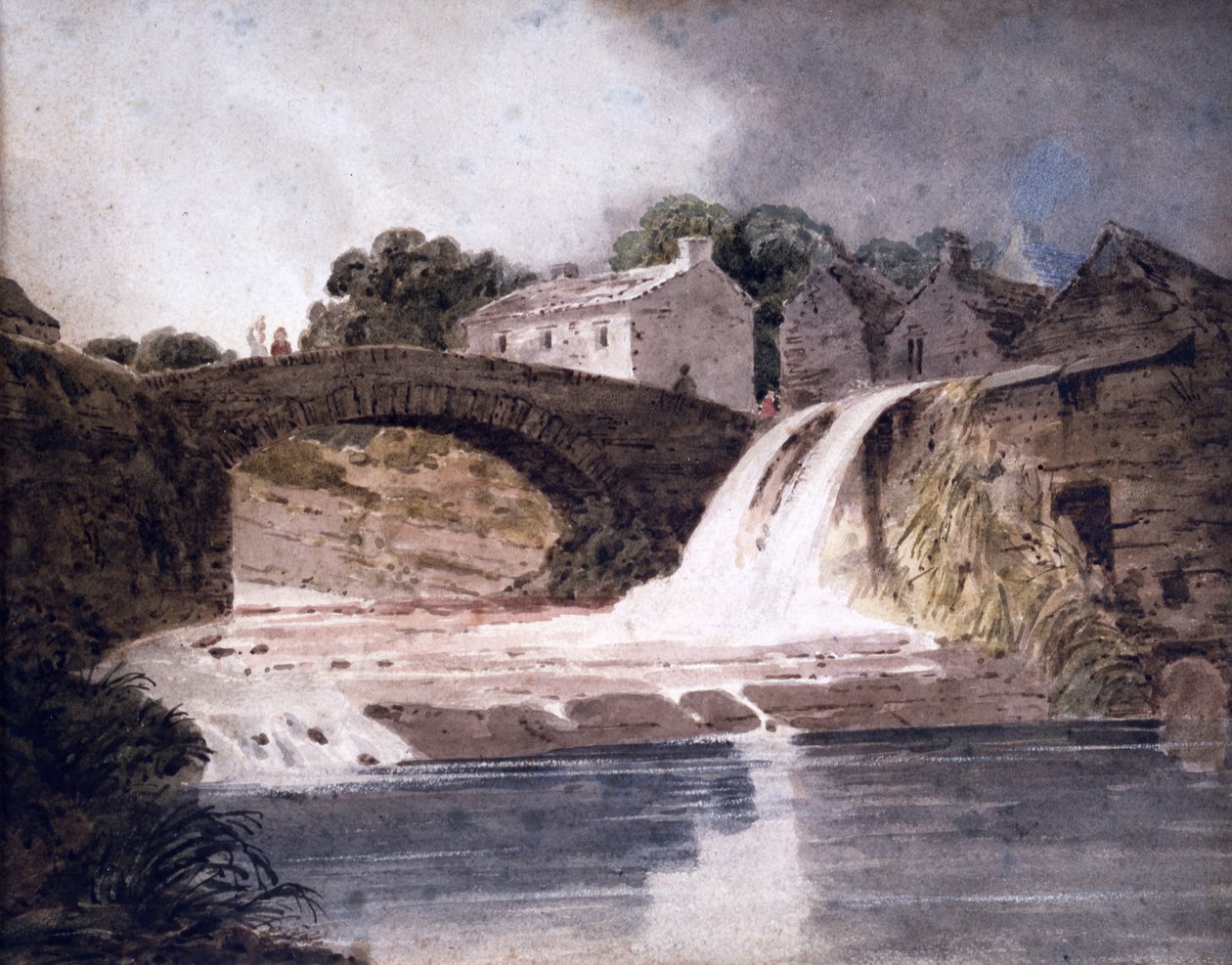 Most a vodopád, asi 1800-30 (akvarel) od Thomas (attr. to) Girtin