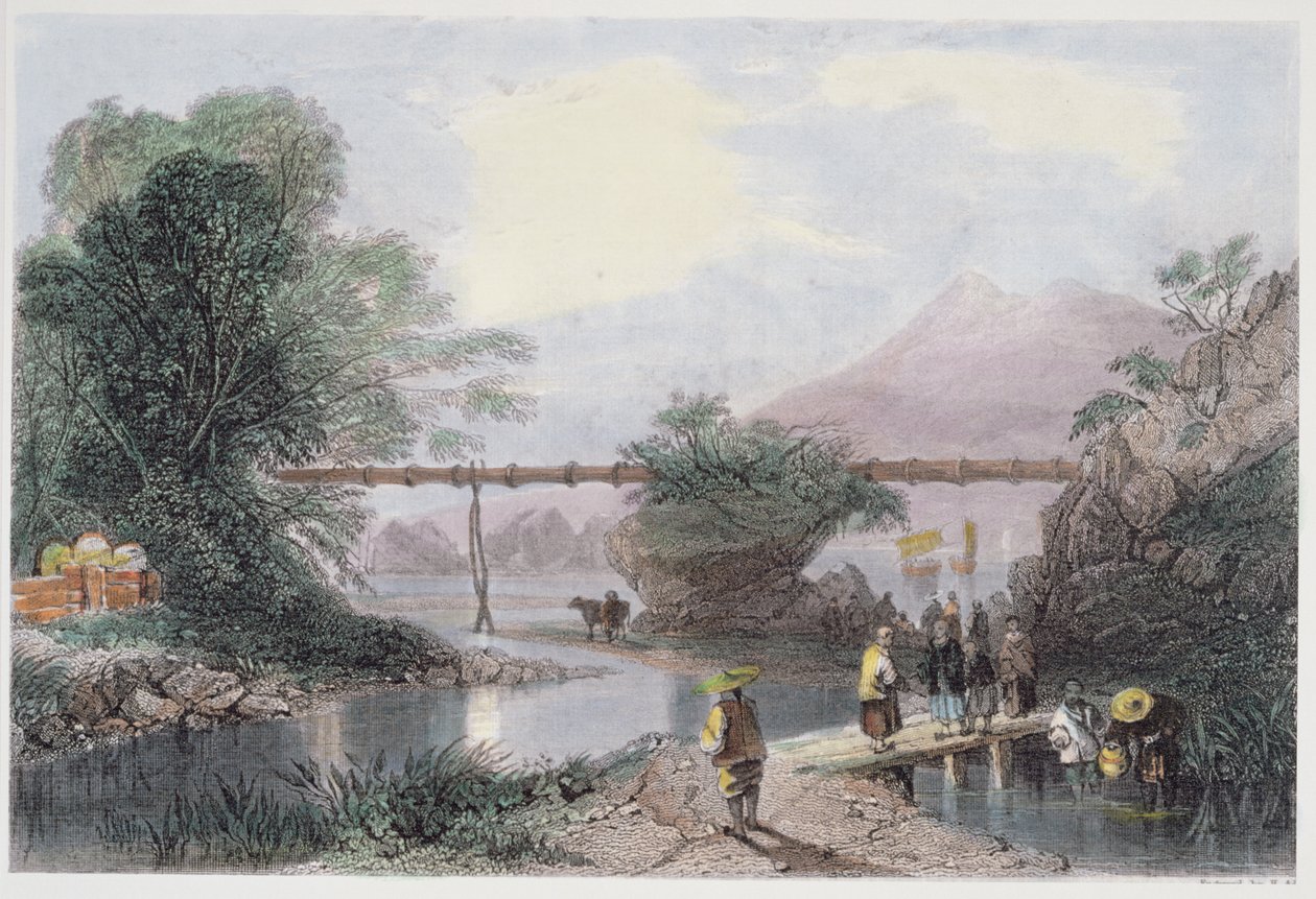 Bambusový akvadukt v Hong Kongu, vyrytý Henrym Adlardem, z „Čína v řadě pohledů“ od George Newenhama Wrighta (c.1790-1877) 1843 od Thomas Allom