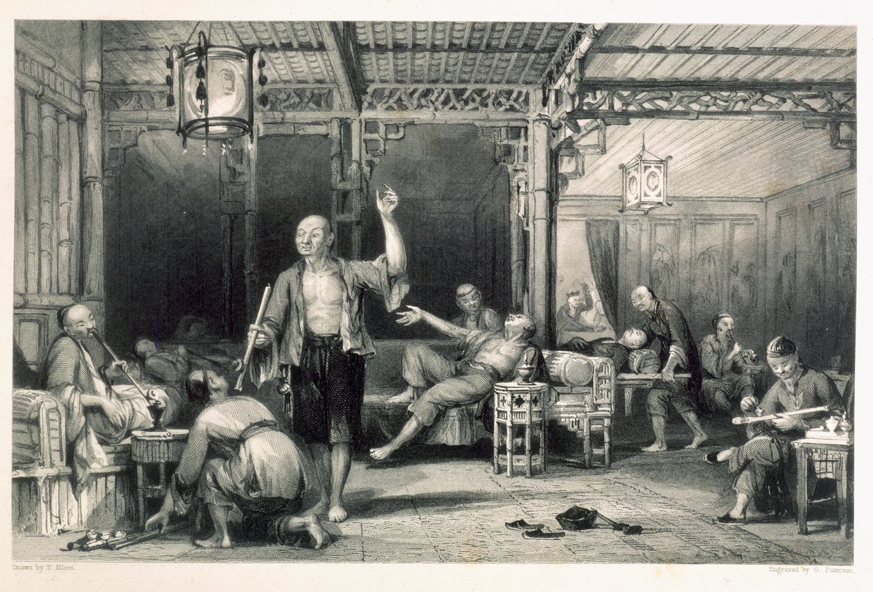 Čínští kuřáci opia, z „Čína v řadě pohledů“ od George Newenhama Wrighta (asi 1790-1877) 1843 od Thomas Allom
