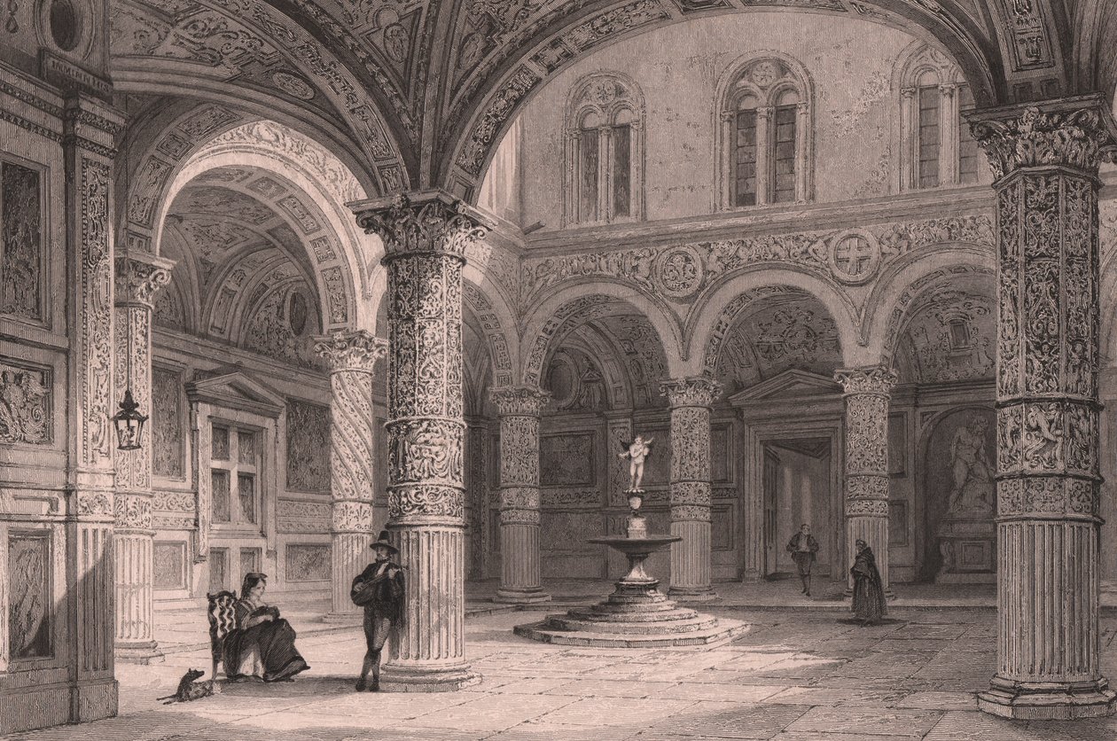 Nádvoří Palazzo Vecchio ve Florencii, Toskánsko, Itálie, ocelorytina od Jamese Tingle (aktivní cca 1830-1860) podle kresby Thomase Alloma (1804-1872), cca 21x15 cm od Thomas Allom