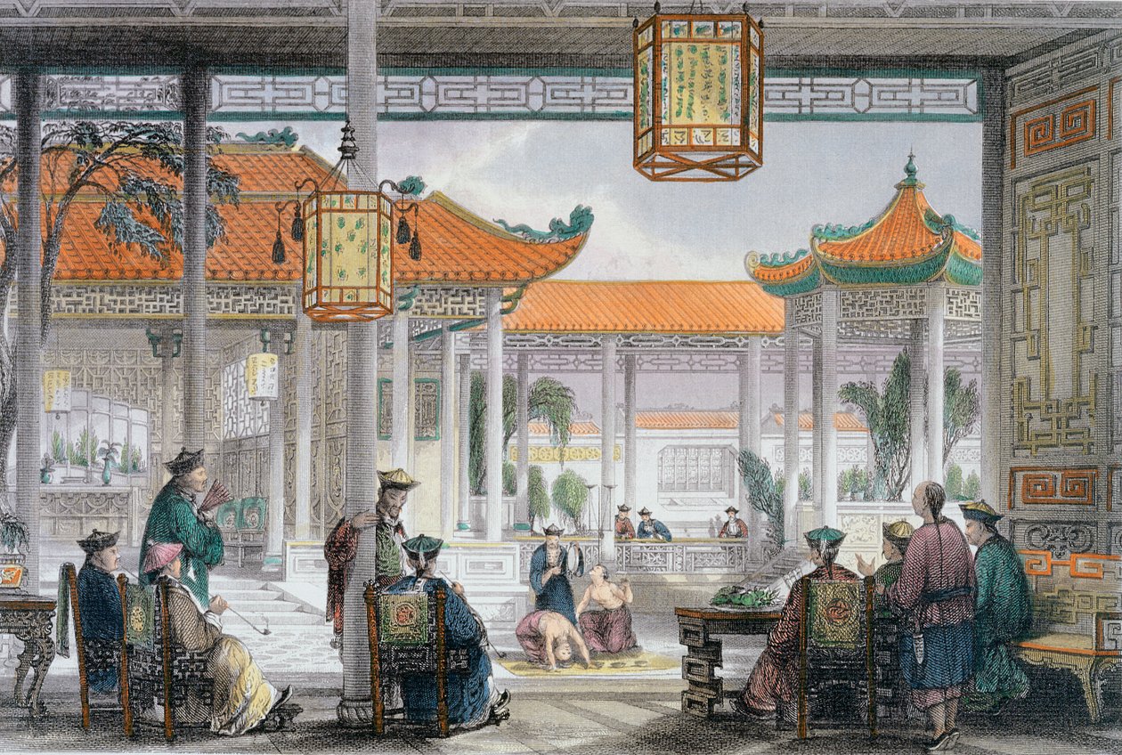 „Kejklíři vystavující na dvoře Mandarinského paláce“, Čína, 1843 od Thomas Allom
