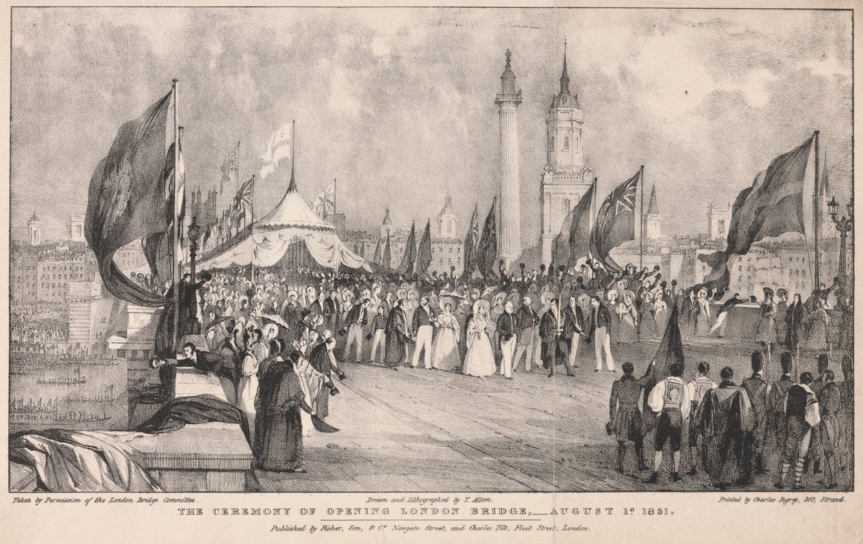Slavnostní otevření London Bridge s Old London Bridge v pozadí od Thomas Allom