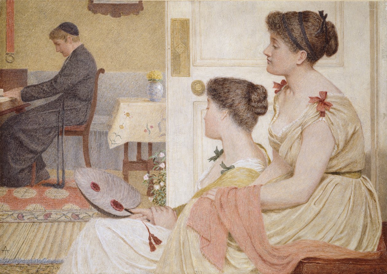 Scéna v salonu s mladým knězem u klavíru, konec 19. století od Thomas Armstrong
