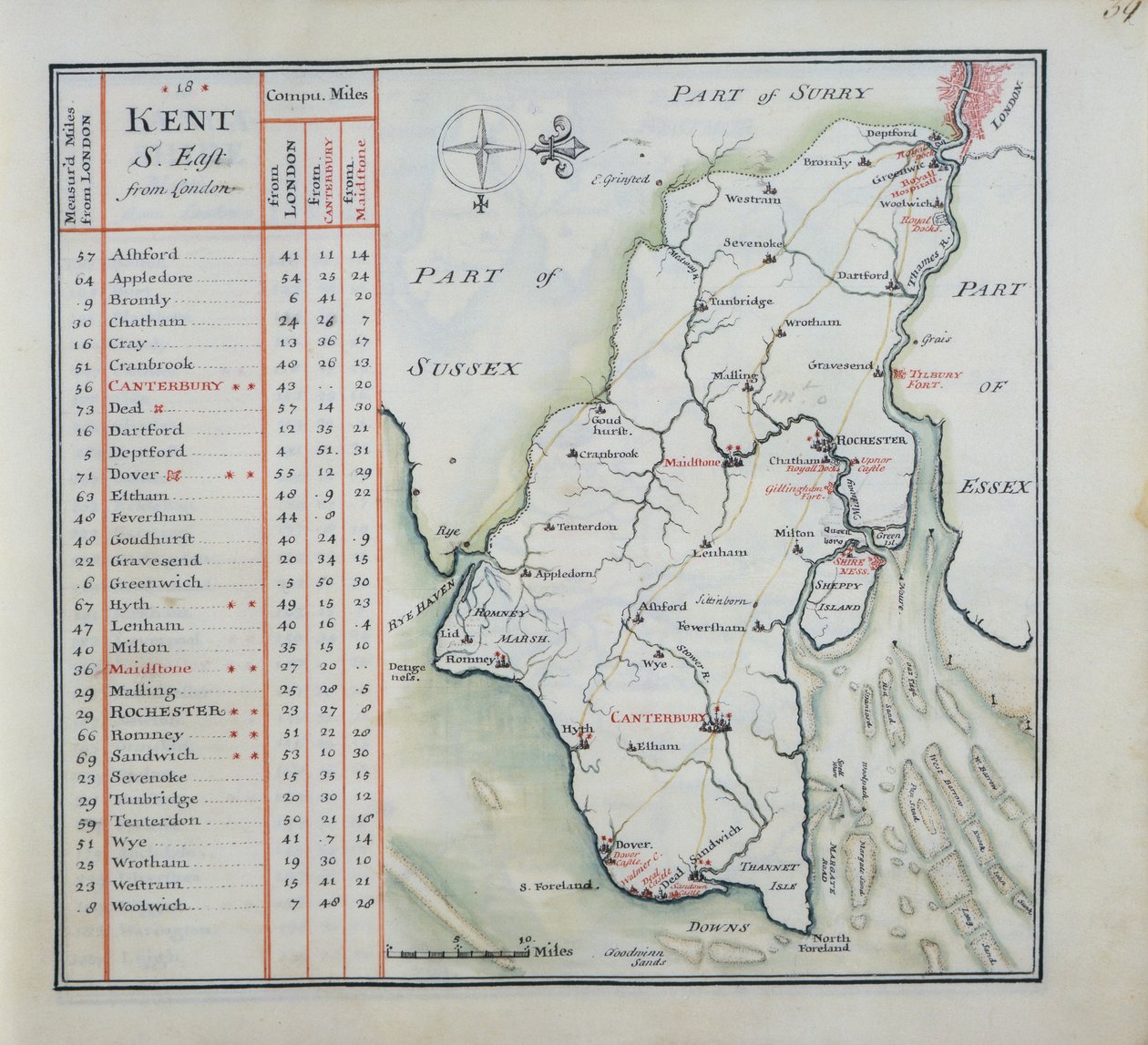 Kent, deska 39r, z Kompletní sady map Anglie a Walesu obecně..., 1724 (pero a inkoust a wc na papíře) od Thomas Badeslade