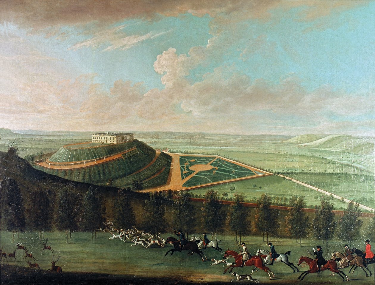 Pohled na hrad Belvoir z jihozápadu, s Belvoir Hunt in Full Cry, 1730 od Thomas Badeslade