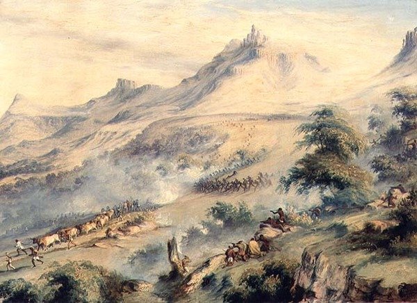 Hlídka pod velením kapitána Fishera obviněná Macomovými kafiry na řece Van Beulens Hoek Kat, cca 1846 od Thomas Baines