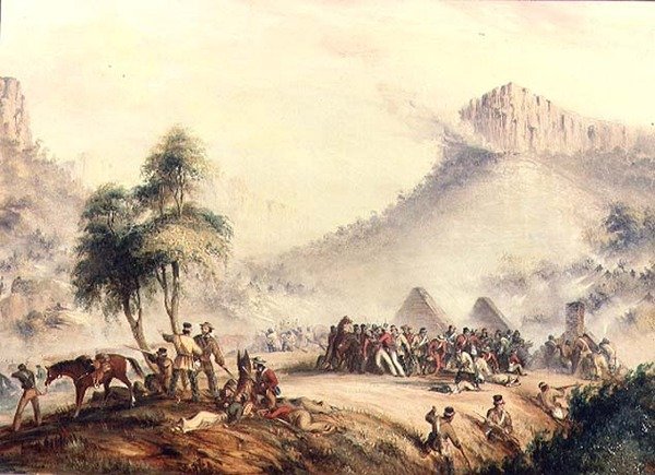 Na hlídku plukovníka Yarborougha zaútočili ve Waterkloof Kaffir a Rebel Hottentots od Thomas Baines