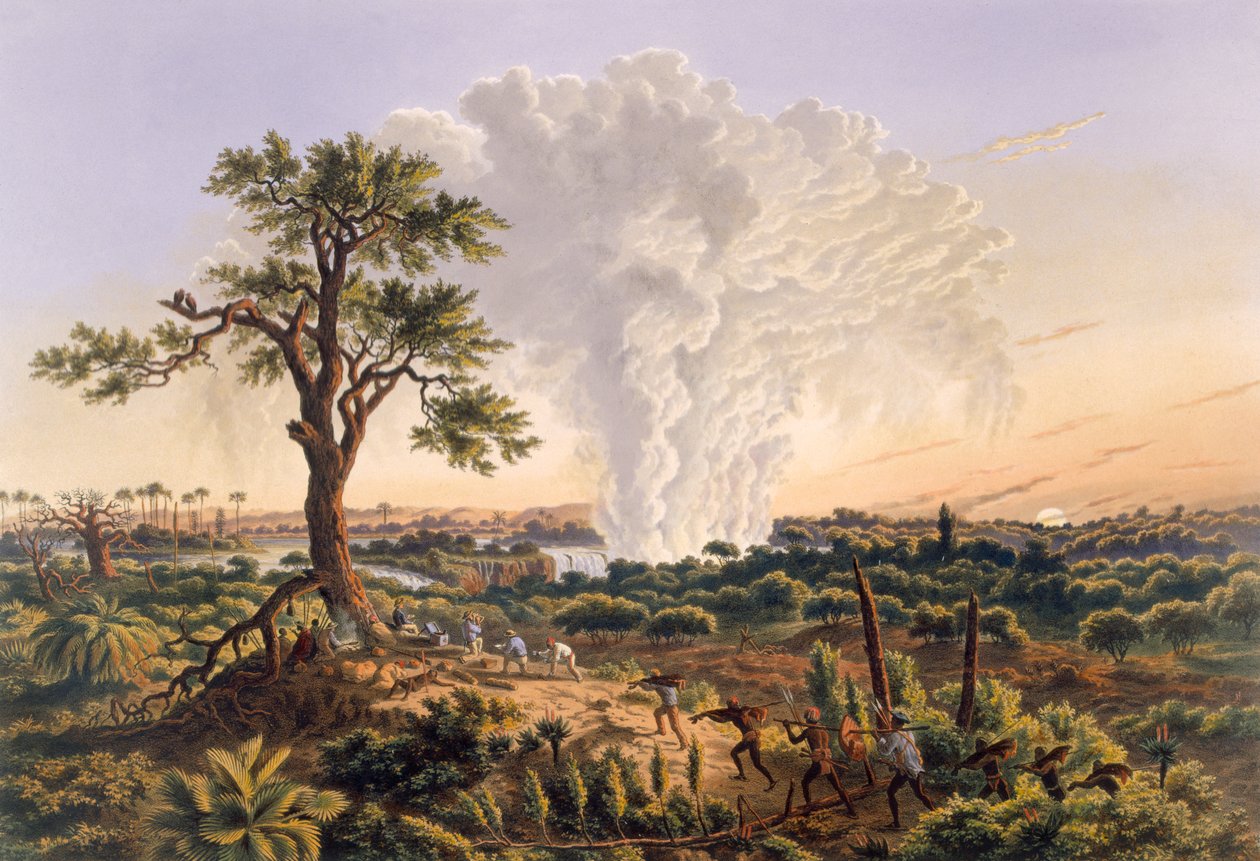 Vodopády při východu slunce s mrakem stříkající vody stoupajícím do výšky 1 200 stop, 1865 (barevný tisk) od Thomas Baines