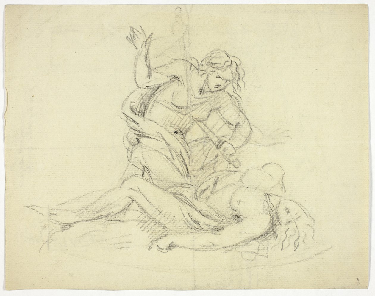 Pyramus a Thisbe (vpravo); Tři mužské postavy s půdorysem mauzolea (verze) od Thomas Banks