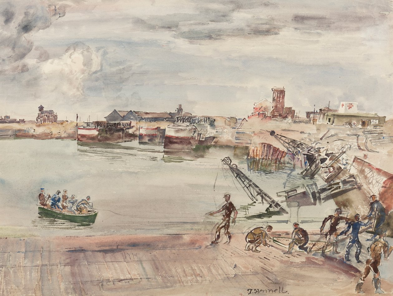Doky ex entrepots (sic) v Port of Calais Bassin Ouest, 1944 (tužka, pero, inkoust, štětec a wc na papíře) od Thomas Barclay Hennell