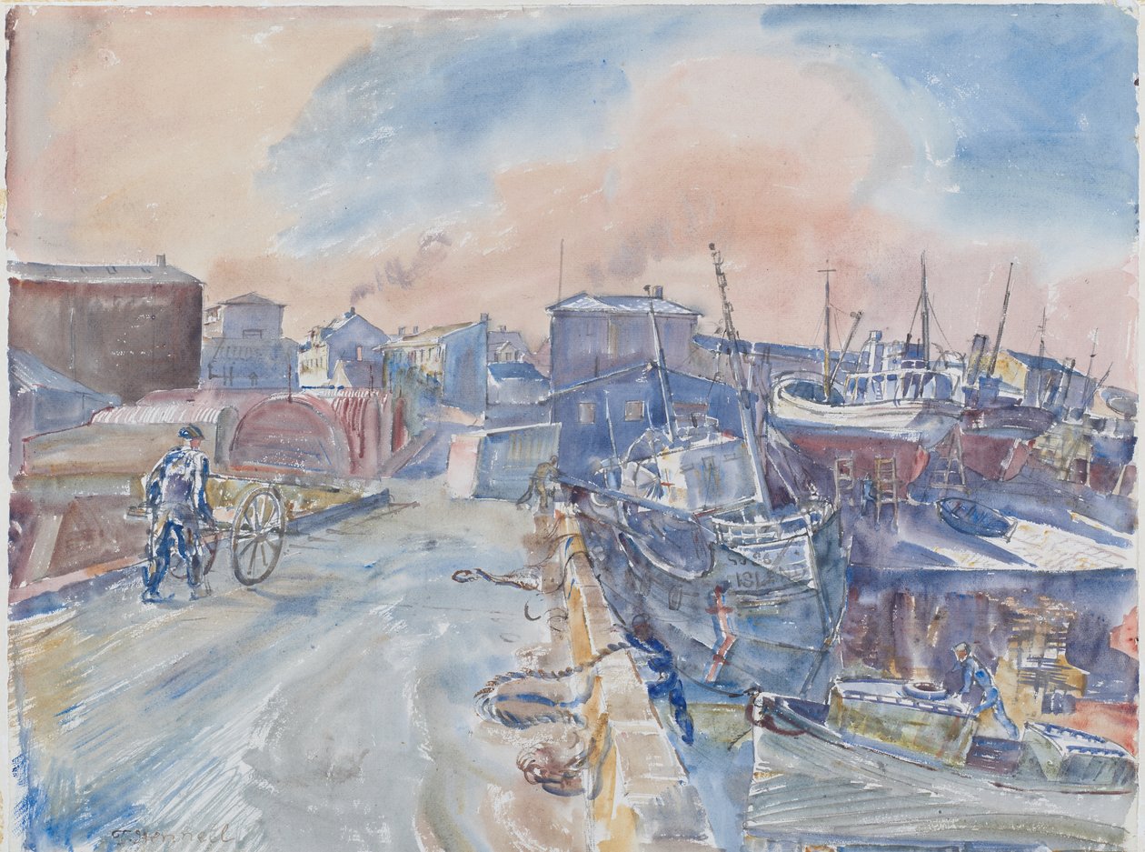 Reykjavík z Main Quay, Frosty Morning, Island, cca 1930 (akvarel a tužka na papíře) od Thomas Barclay Hennell