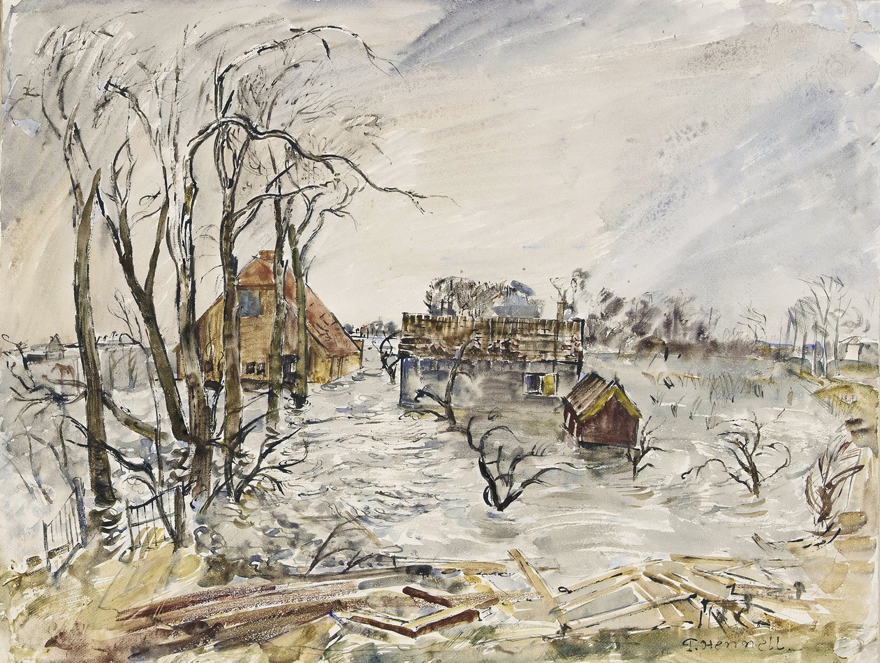 Ostrov Walcheren (Nizozemsko) zaplaven. Obraz Thomase Hennela (1903-1945), akvarel 1944 od Thomas Barclay Hennell
