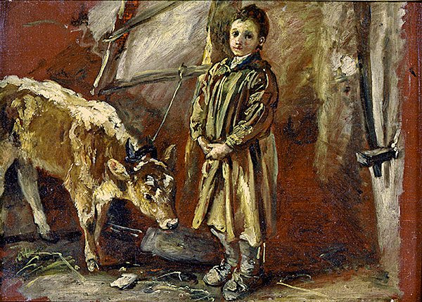Chlapec s uvázaným teletem (olej na plátně) od Thomas Barker