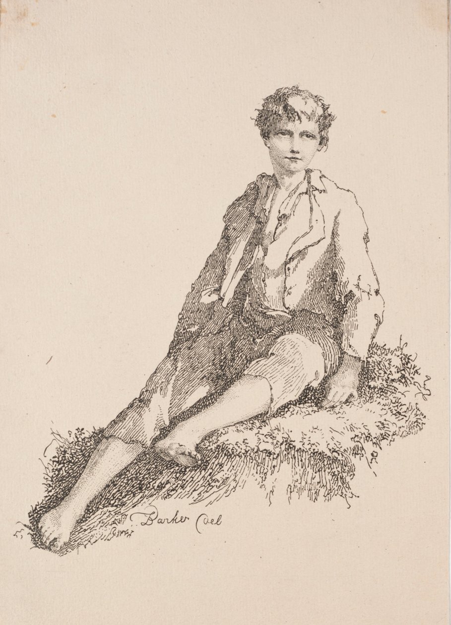 Vzorky polyautografie: Chlapec sedící na travnatém břehu, 1803. od Thomas Barker