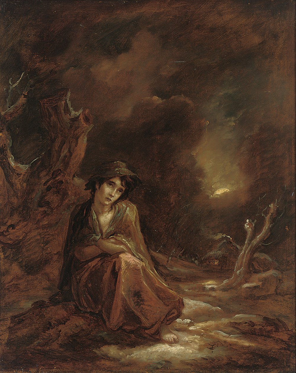 Scény z "The Task" Williama Cowpera: měsíční zimní krajina s Crazy Kate odpočívá na trati, 1785 od Thomas Barker of Bath