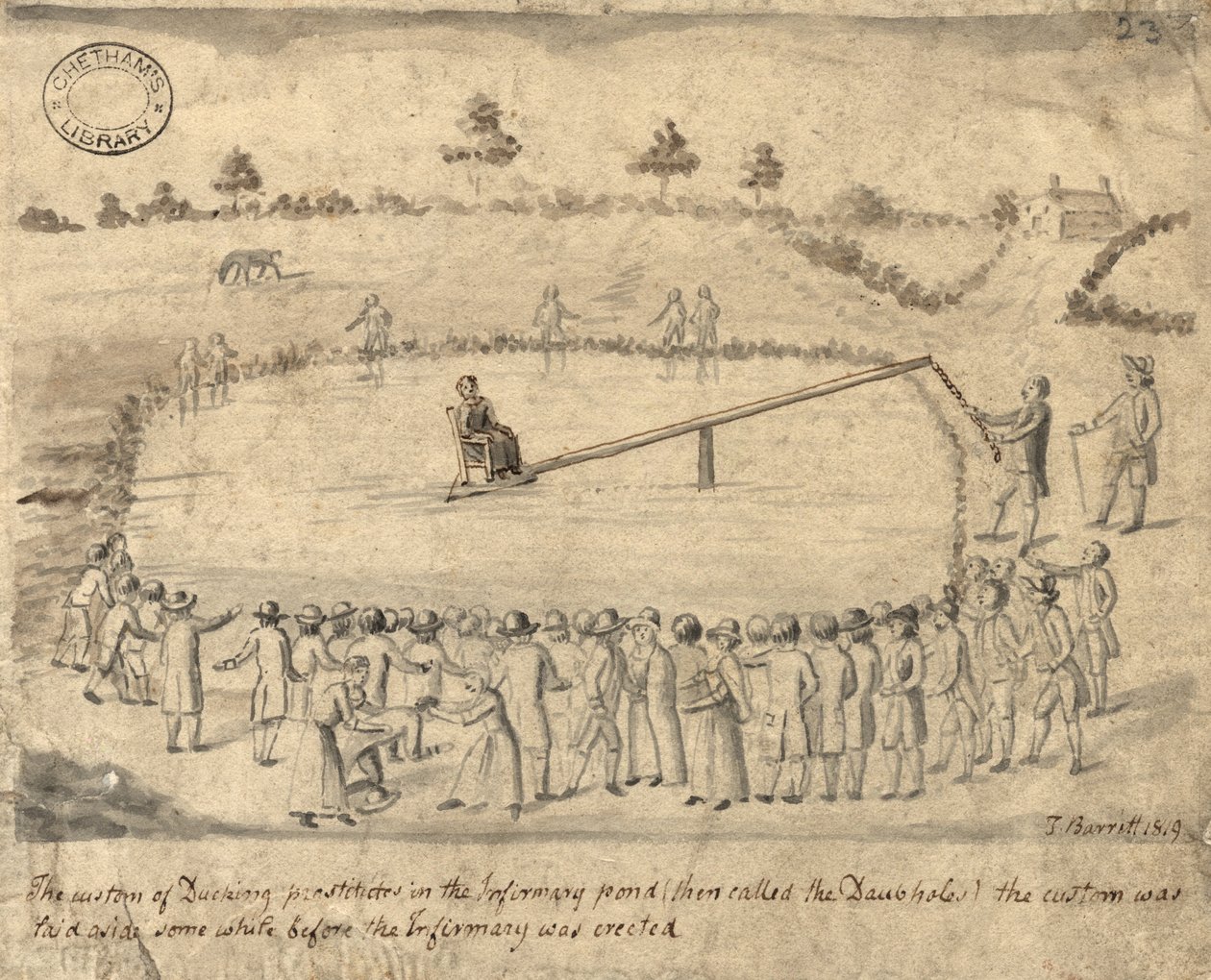 Ducking prostitutky, Manchester, 1819 (pero a inkoust a pero na papíře) od Thomas Barritt