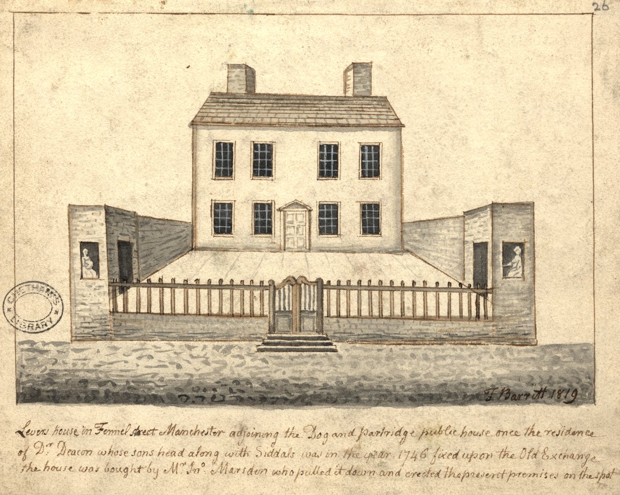 Levers House, Manchester, 1819 (pero, tuš a wash na papíře) od Thomas Barritt