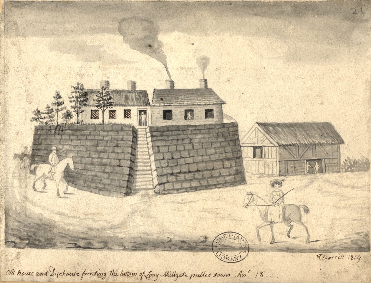 Old Dye House and Dye House, Manchester, 1819 (pero a inkoust a mytí na papíře) od Thomas Barritt