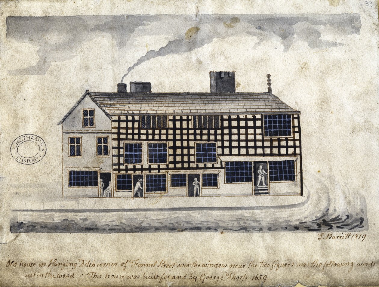Old House on Hanging Ditch, Manchester, 1819 (pero a inkoust a mytí na papíře) od Thomas Barritt