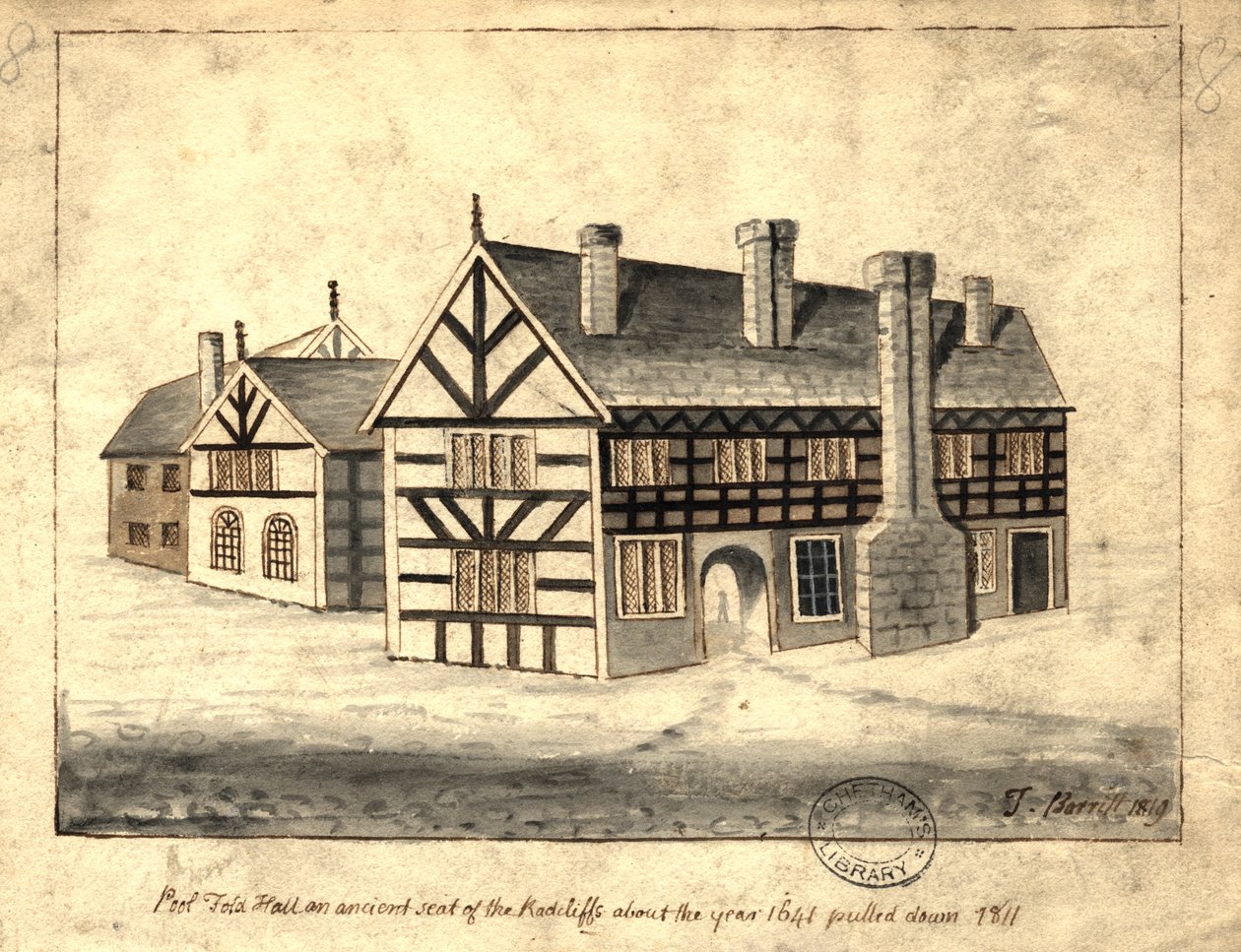 Pool Fold Hall, Manchester, 1819 (pero a inkoust a mytí na papíře) od Thomas Barritt