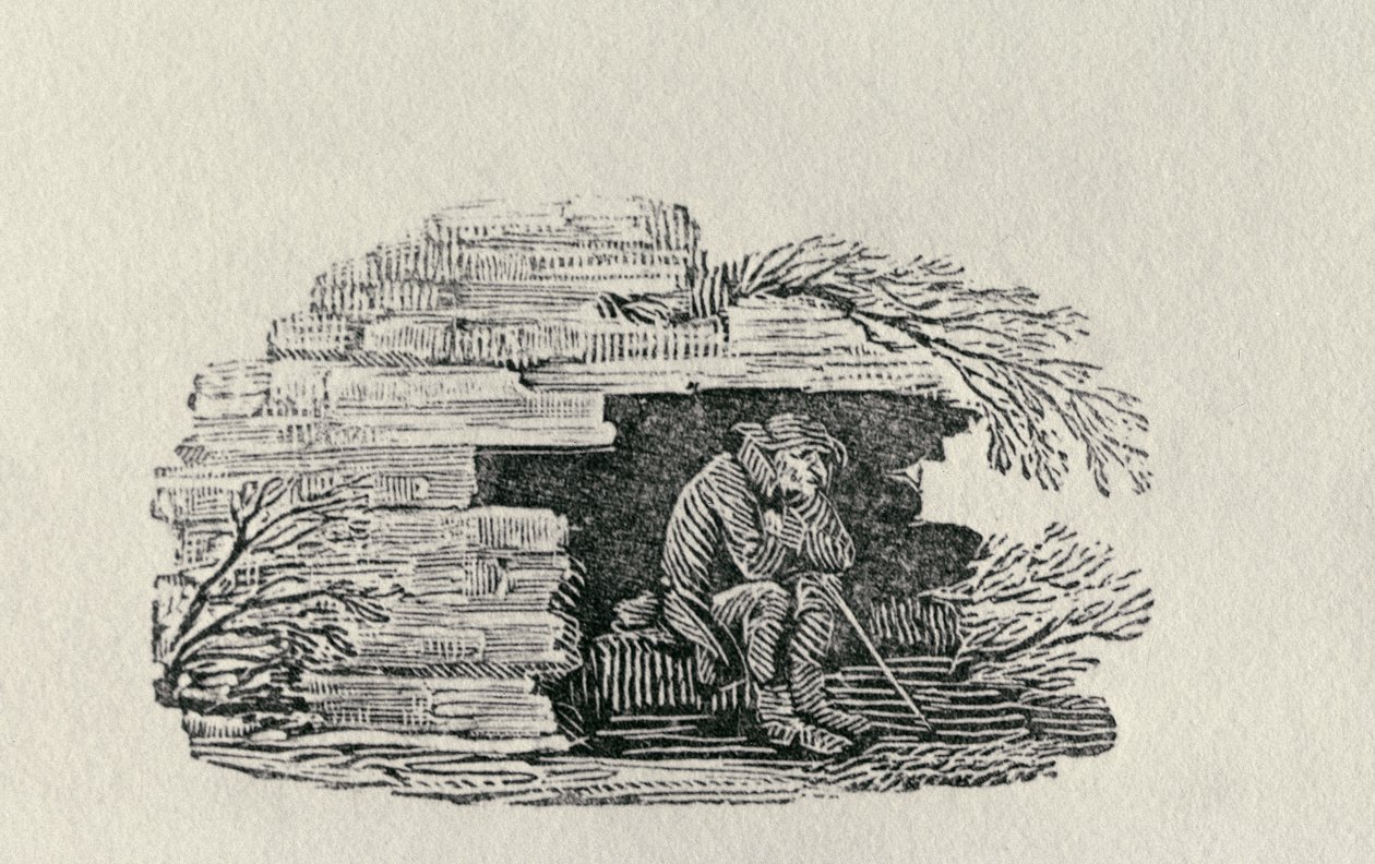 Sedící muž v úkrytu „Historie britských ptáků a čtyřnožců“ (rytina) od Thomas Bewick