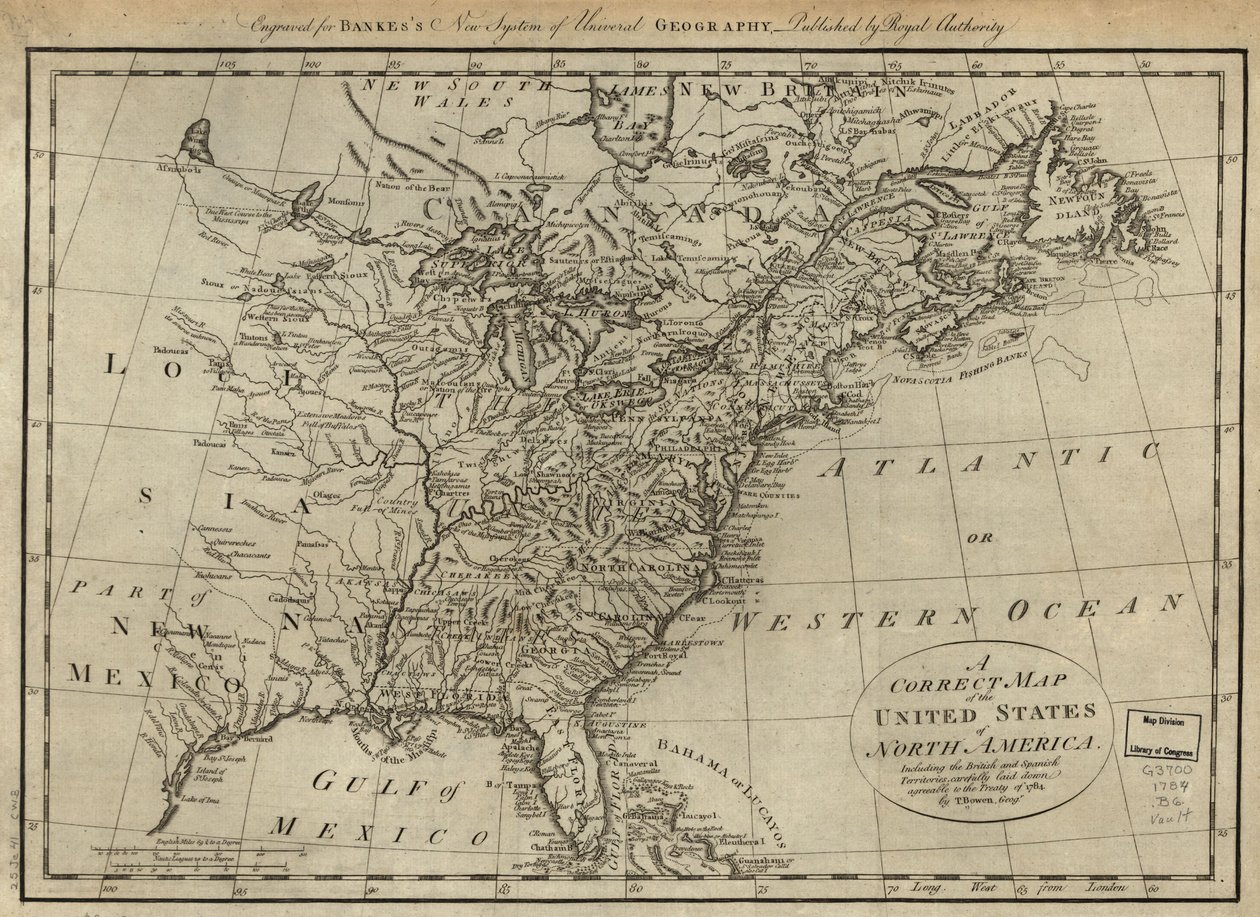 Správná mapa Spojených států severoamerických včetně britských a španělských území, pečlivě sestavená podle smlouvy z roku 1784. LOC 74692103 od Thomas Bowen