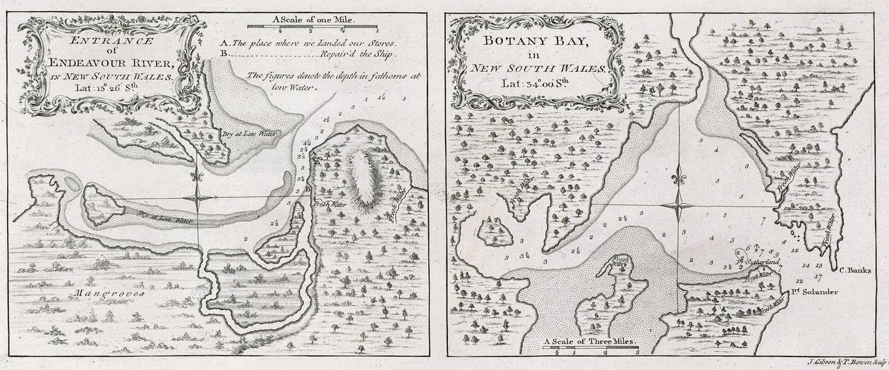 Mapy kapitána Jamese Cooka, vstup do Endeavour River a Botany Bay v Novém Jižním Walesu od Thomas Bowen