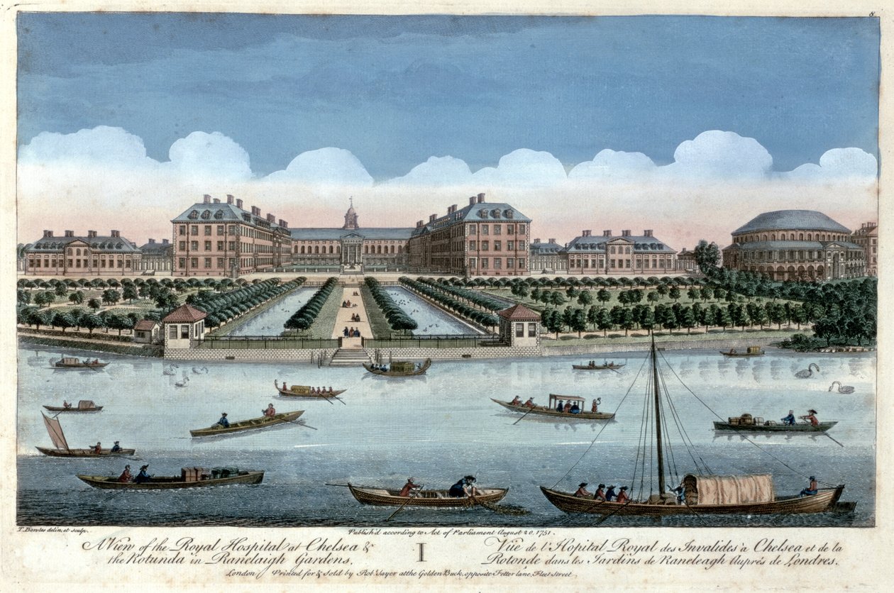 Pohled na Královskou nemocnici v Chelsea a rotundu v Ranelagh Gardens, Londýn, 1751 od Thomas Bowles
