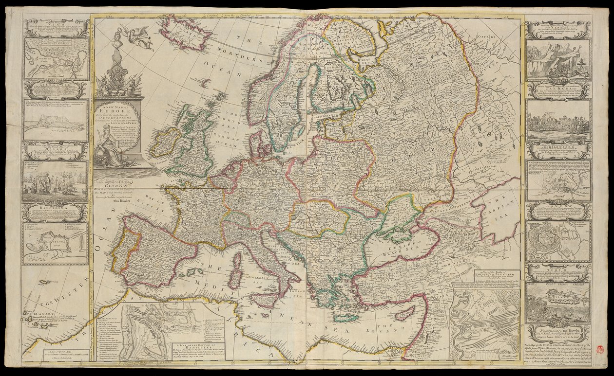 Nová mapa Evropy podle nejpřesnějších pozorování předaných Královské společnosti v Londýně a Paříži, cca 1720 (technický výkres) od Thomas Bowles