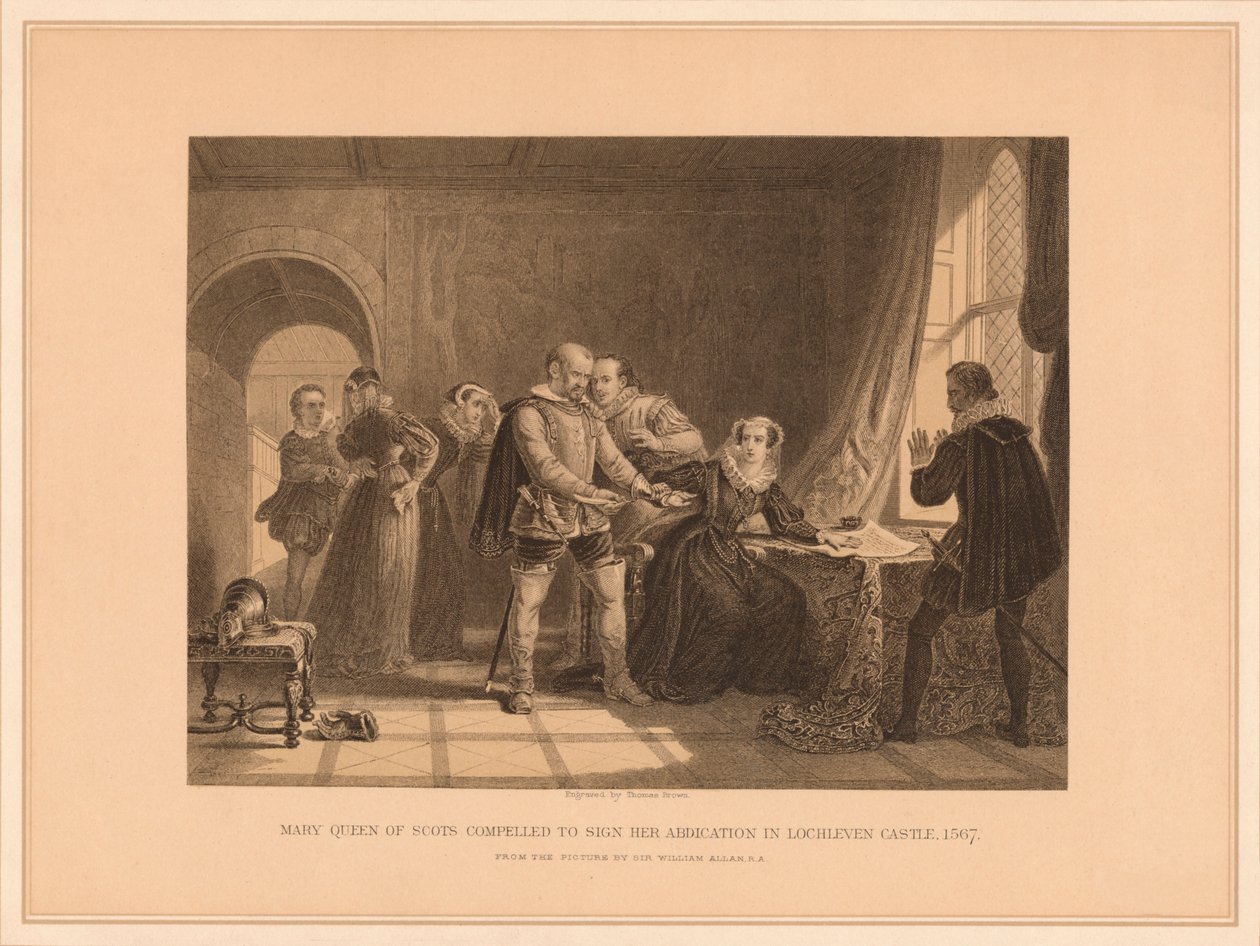 Skotská královna Marie nucena podepsat svou abdikaci na zámku Lochleven, 1567, 1878 od Thomas Brown
