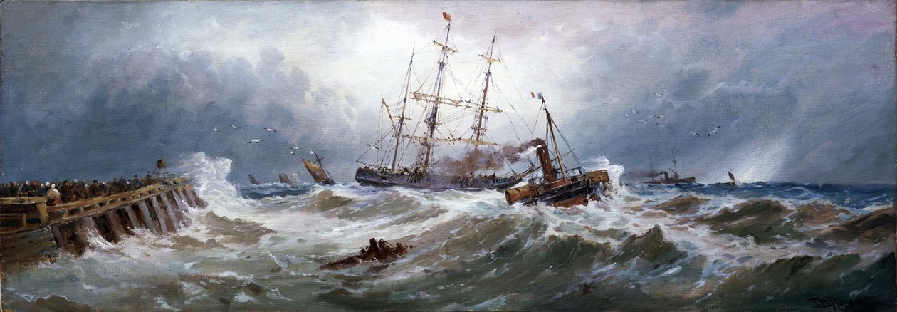 Francouzský remorkér táhne loď v přístavu Boulogne (Francie) na obtížném moři. Olej na plátně od Thomas Bush Hardy