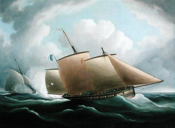 Francouzský lugger pronásledovaný anglickým řezačem (olej na plátně) od Thomas Buttersworth
