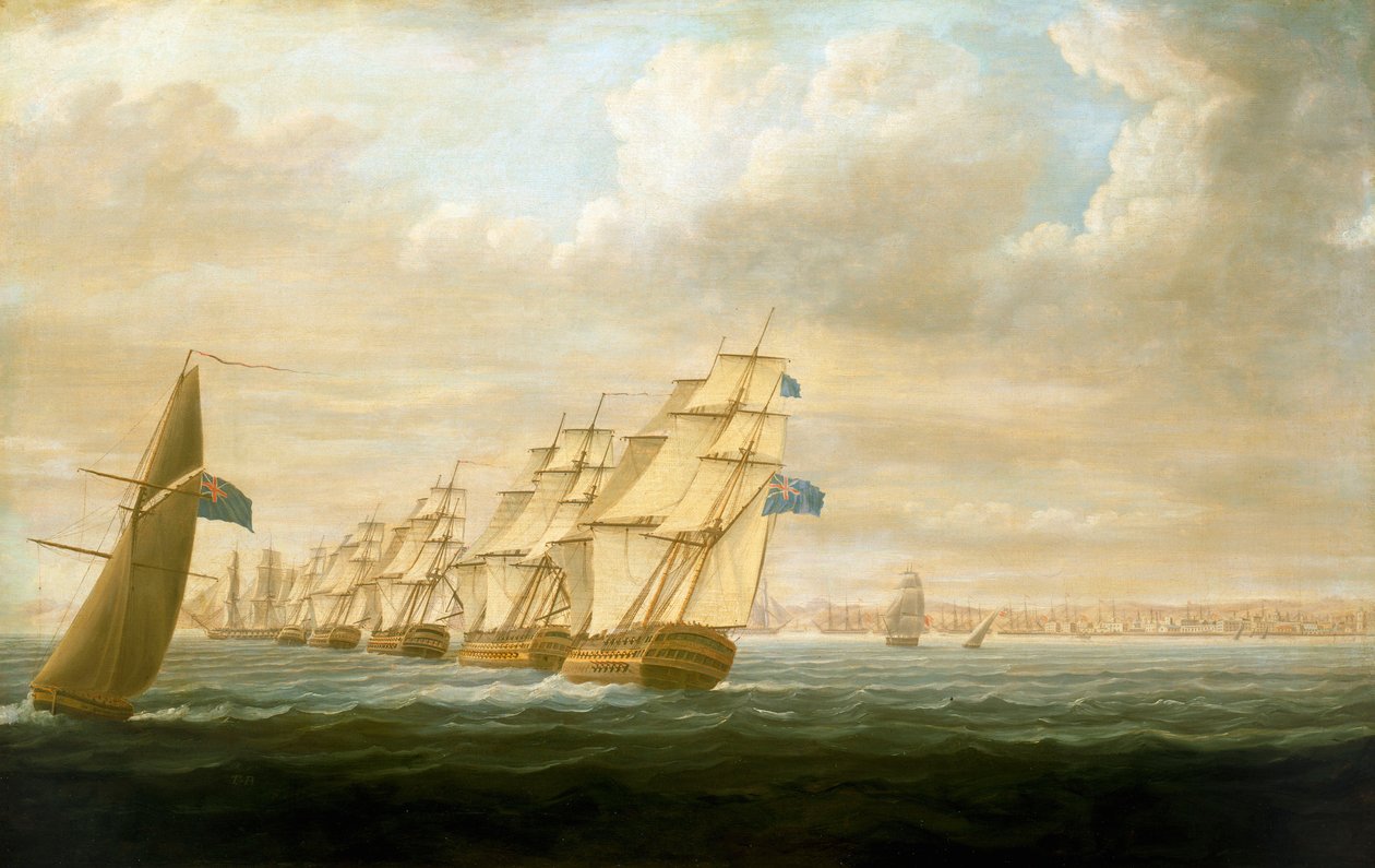 Nelsonova pobřežní blokádní eskadra v Cádizu, červenec 1797, kolem roku 1800 (olej na plátně) od Thomas Buttersworth