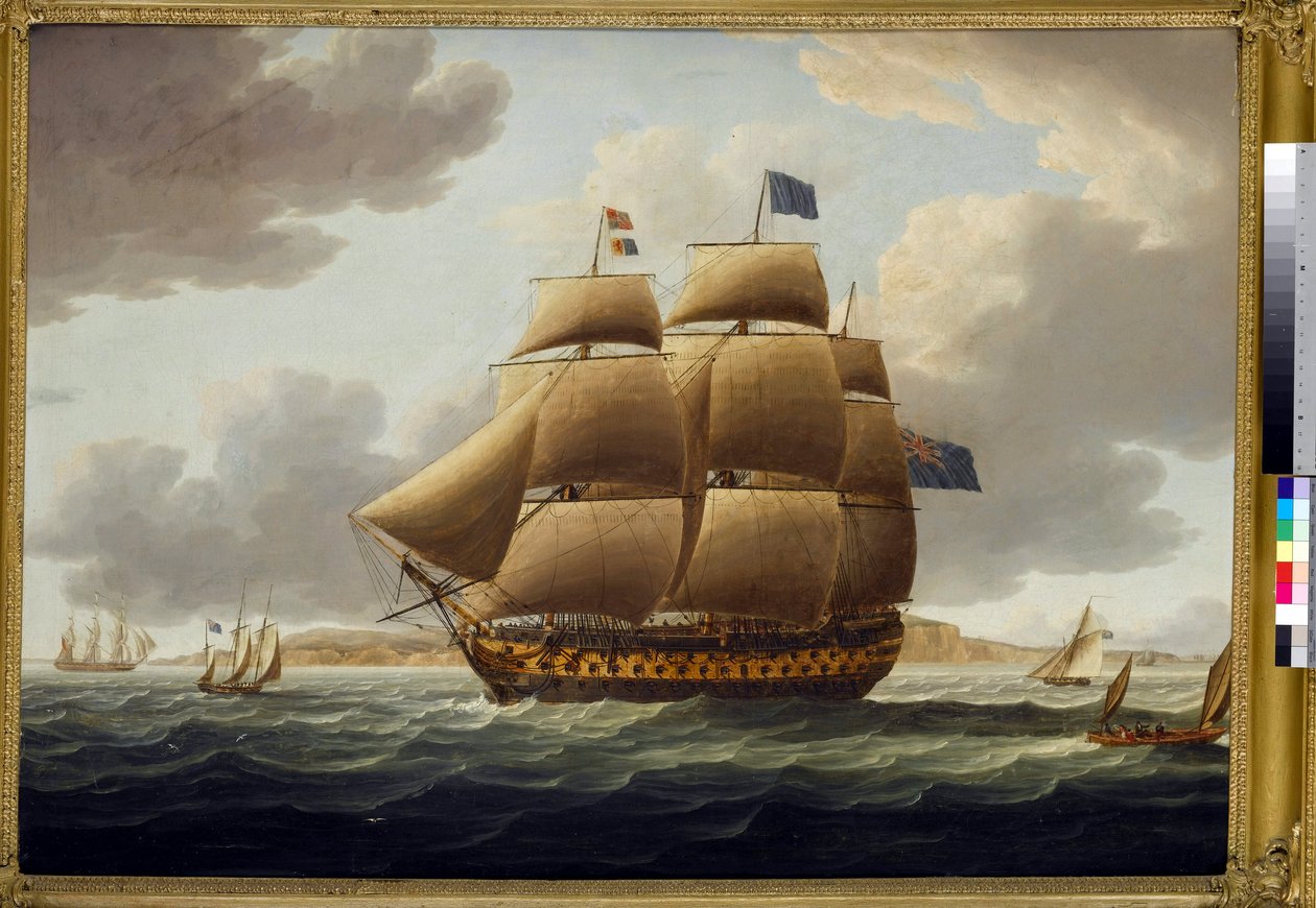 "Ville de Paris" v plné polní, prvotřídní loď britského námořnictva se 110 děly, postavená v roce 1795 v loděnicích v Chathamu (Anglie). od Thomas Buttersworth