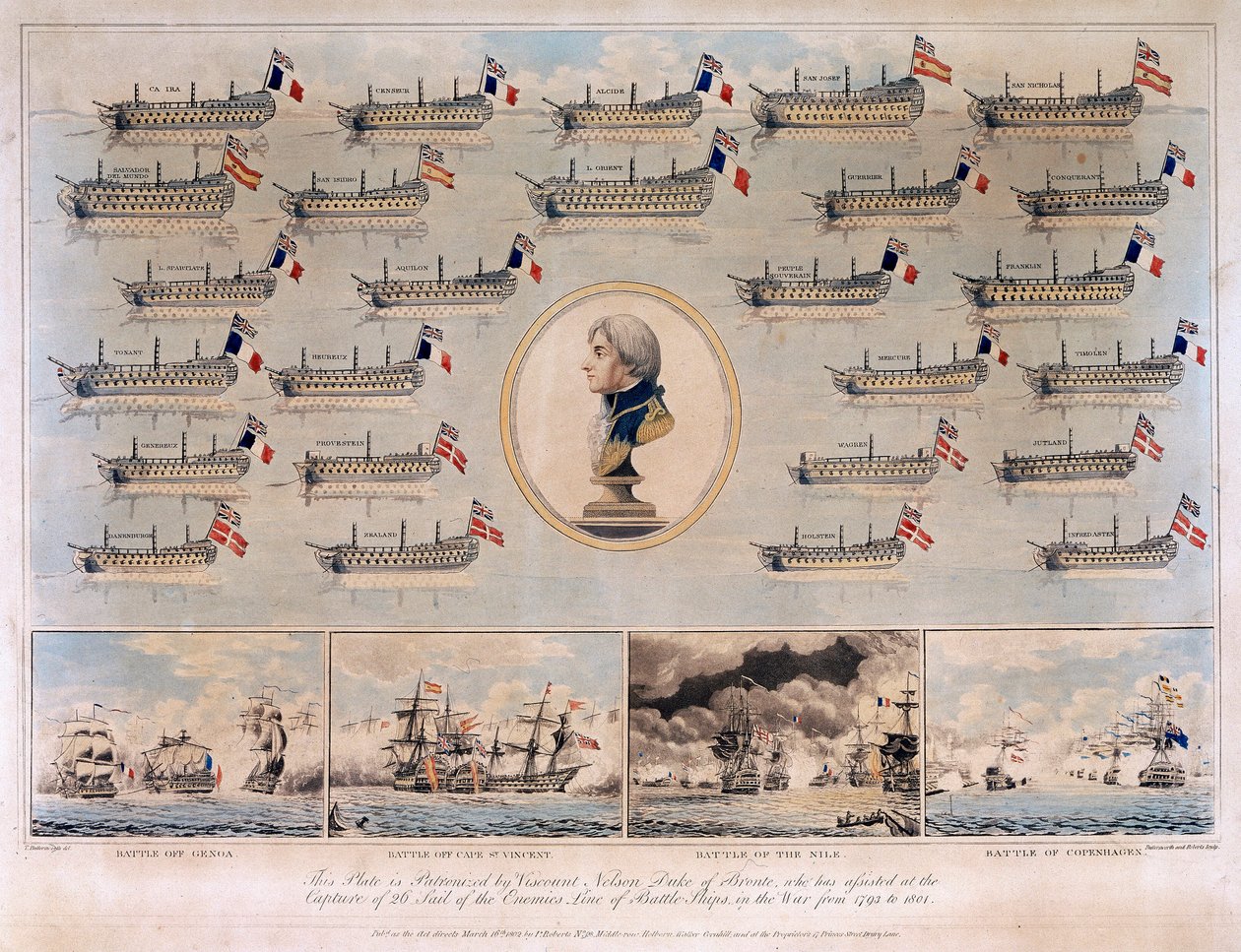 Válečné lodě, které Horatio Nelson (1758-1805) zajal v letech 1793-1801 během námořních bitev u Janova (nebo mysu Noli, Itálie). od Thomas Buttersworth