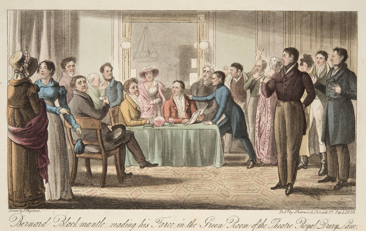 Bernard Blackmantle čte svou frašku v Zeleném sále divadla Covent Garden, z knihy The English Spy, pub. 1824 (ručně kolorovaná rytina) od Thomas Charles Wageman