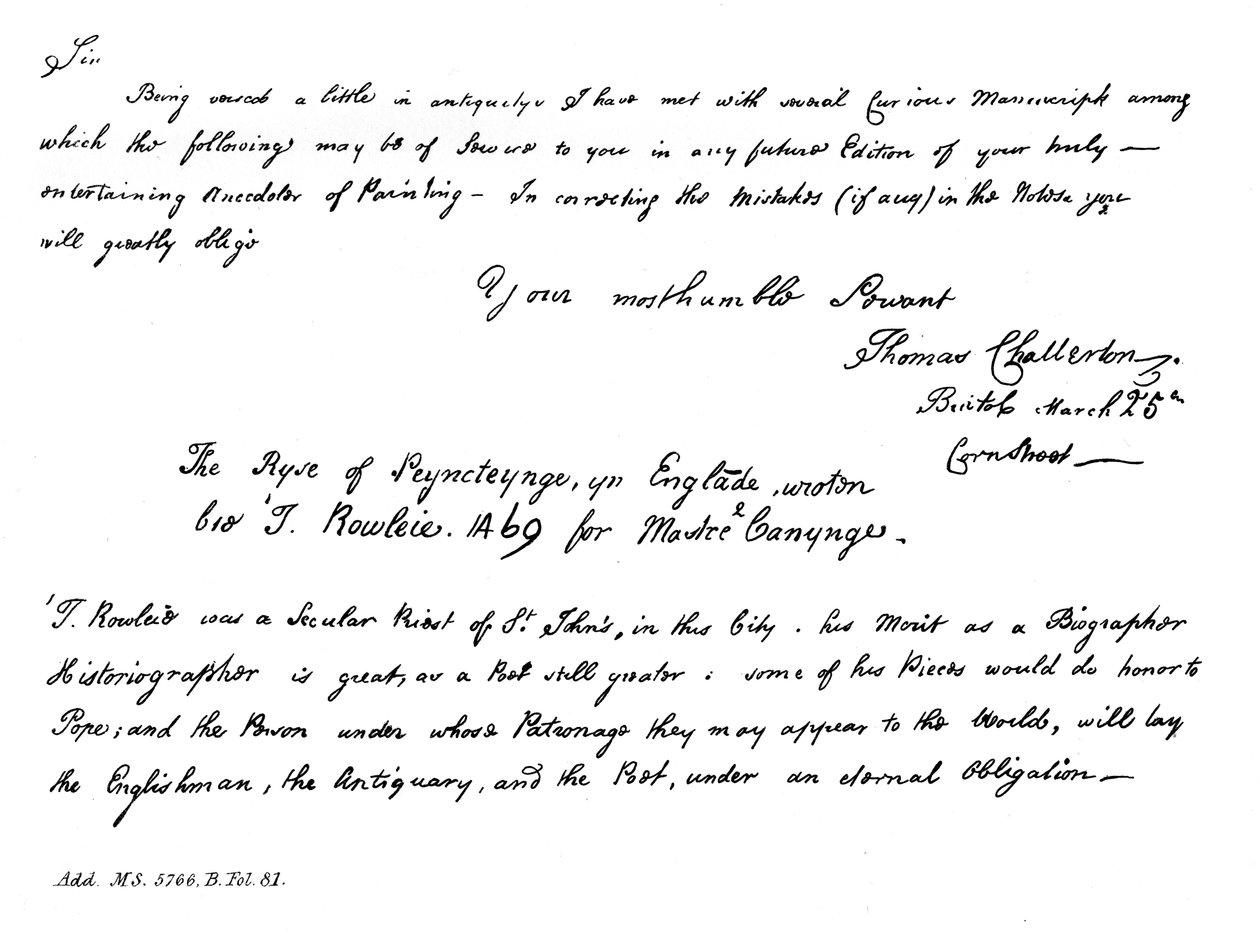 Část dopisu Thomase Chattertona Horacii Walpoleovi, konec 18. století, 1840 od Thomas Chatterton