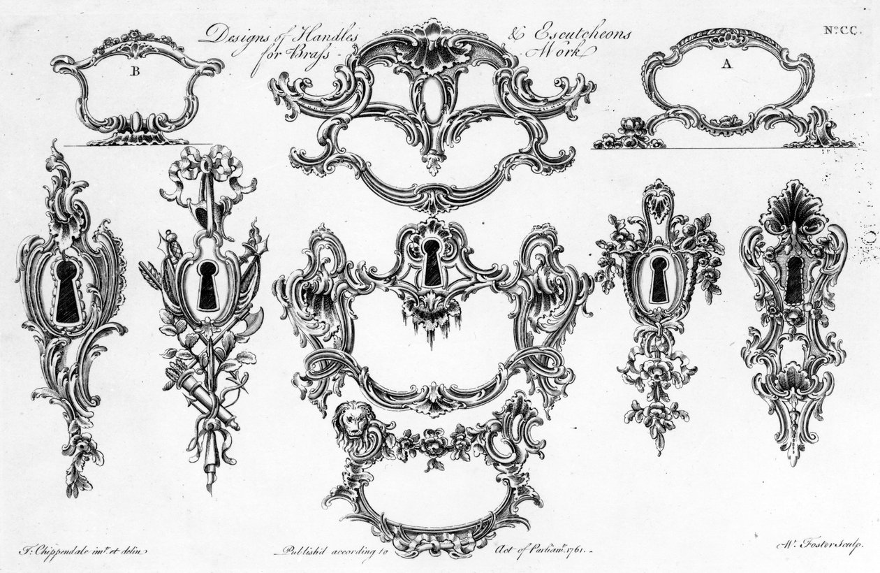 Návrhy klik a ozdob pro práci z mosazi, tisk W. Foster, 1761 od Thomas Chippendale