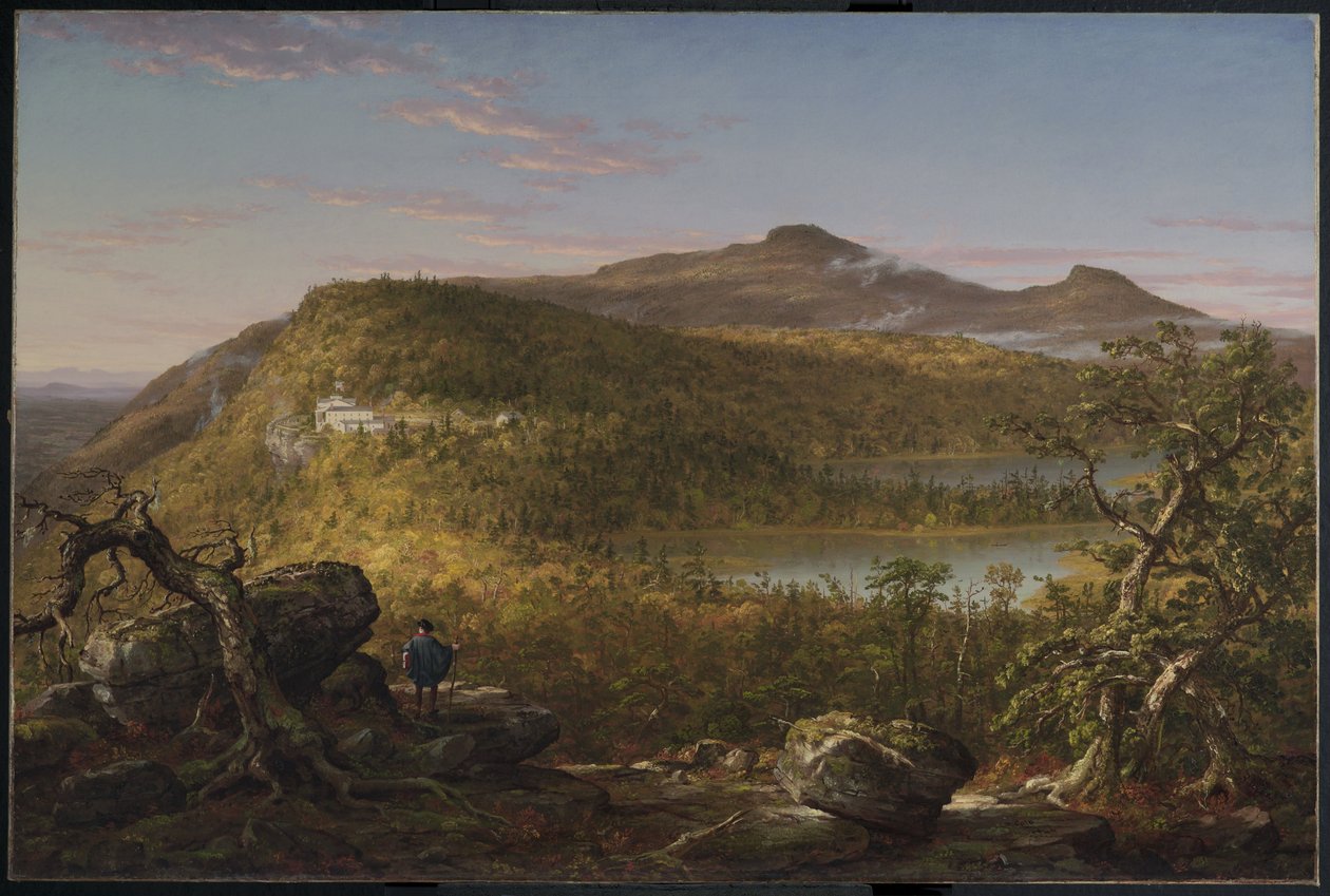 Pohled na dvě jezera a horský dům, Catskill Mountains, ráno od Thomas Cole