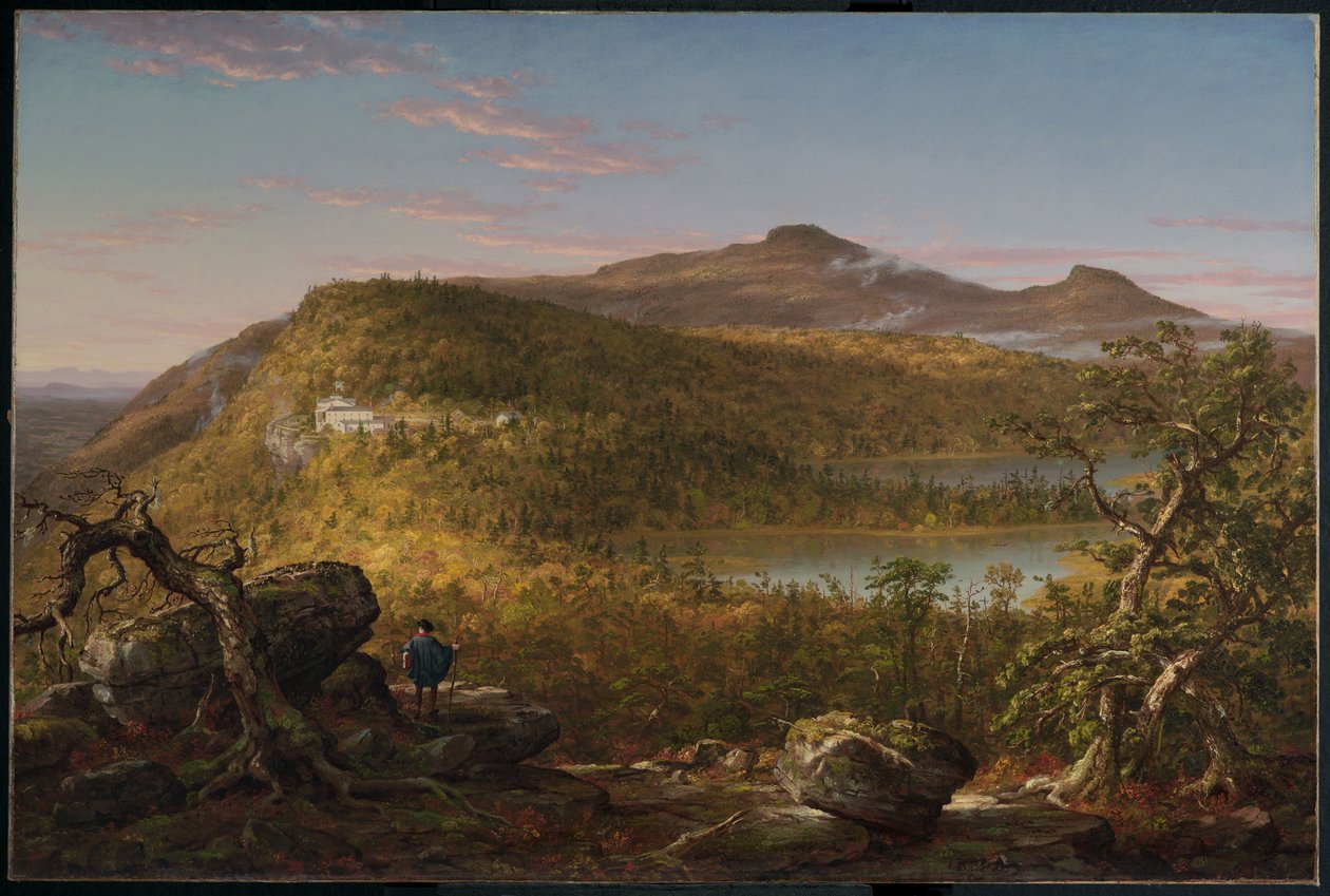 Pohled na dvě jezera a horský dům, Catskill Mountains, ráno od Thomas Cole