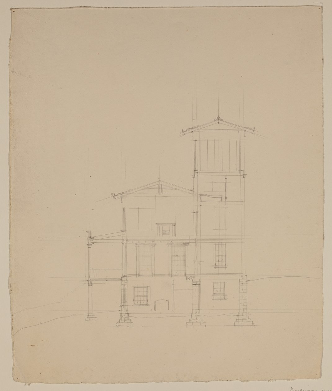 Kresba navrhované vily v Catskill, kolem 1801-48 (grafitová tužka na špinavě bílém tkaném papíře) od Thomas Cole
