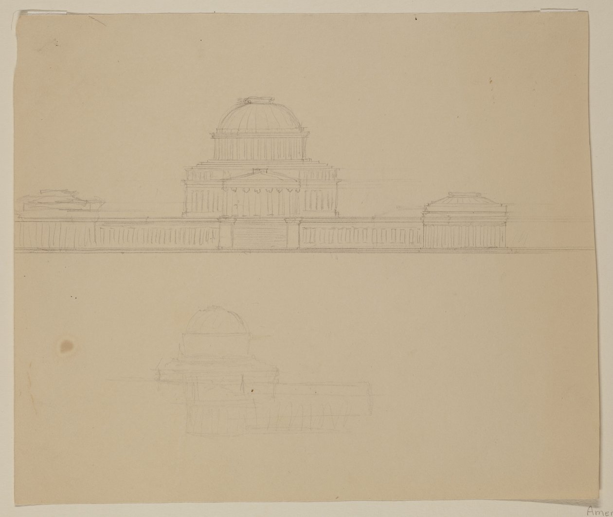 Elevation of the Ohio State House, c.1838 (grafitová tužka na béžovém tkaném papíře) od Thomas Cole