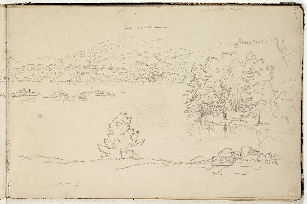 Hoosick nebo Saddle Mountain and Lake near Pittsfield, c.1832 (grafitová tužka na špinavě bílém tkaném papíře) (viz také 3525969) od Thomas Cole