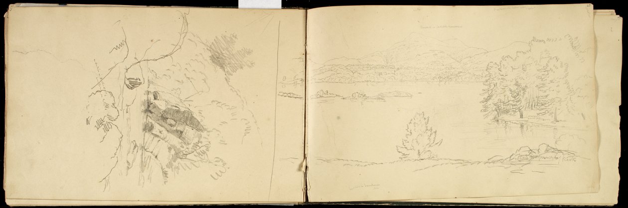 Hoosick nebo Saddle Mountain and Lake near Pittsfield, c.1832 (grafitová tužka na špinavě bílém tkaném papíře) (viz také 3514873) od Thomas Cole