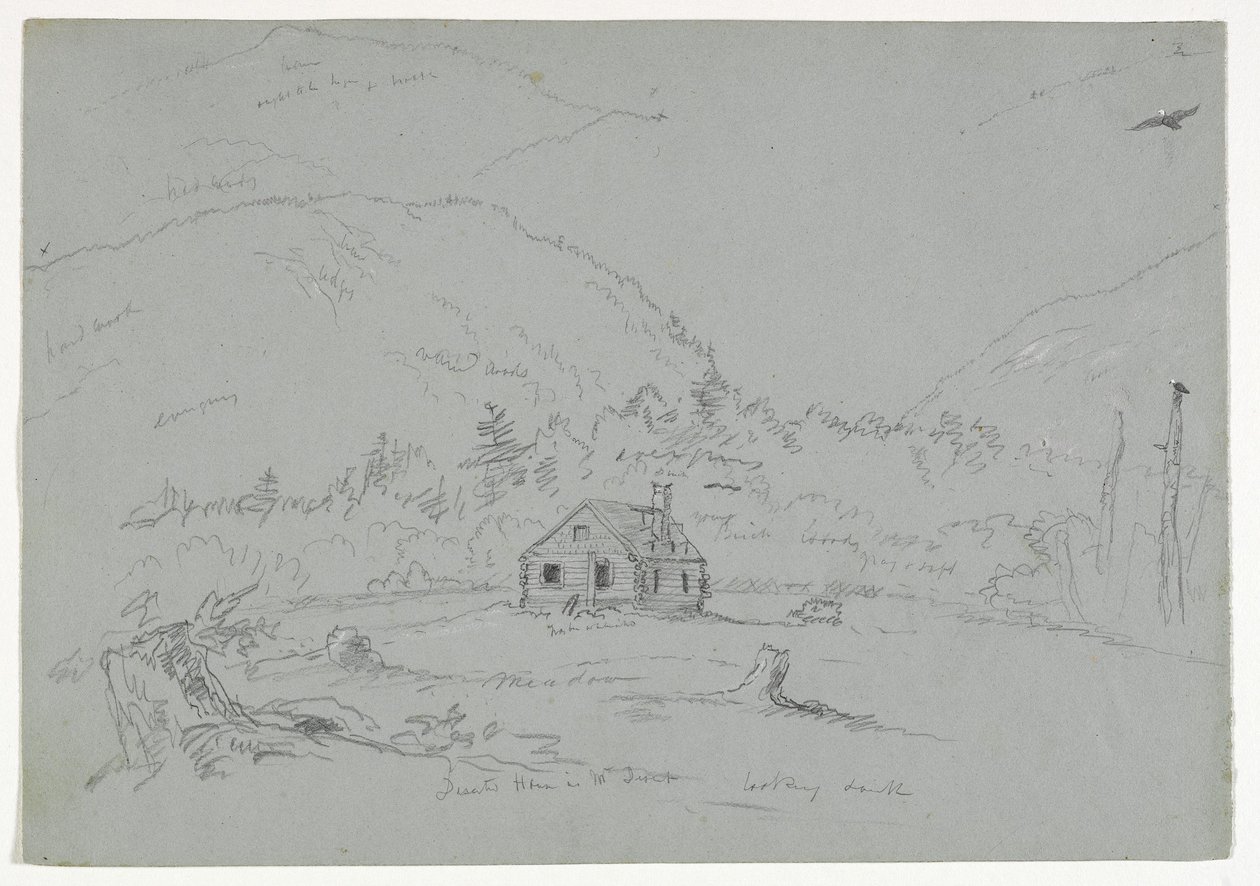 Dům v Mount Desert, kolem roku 1844 (grafit zvýrazněný bílou pastelkou na papíře) od Thomas Cole