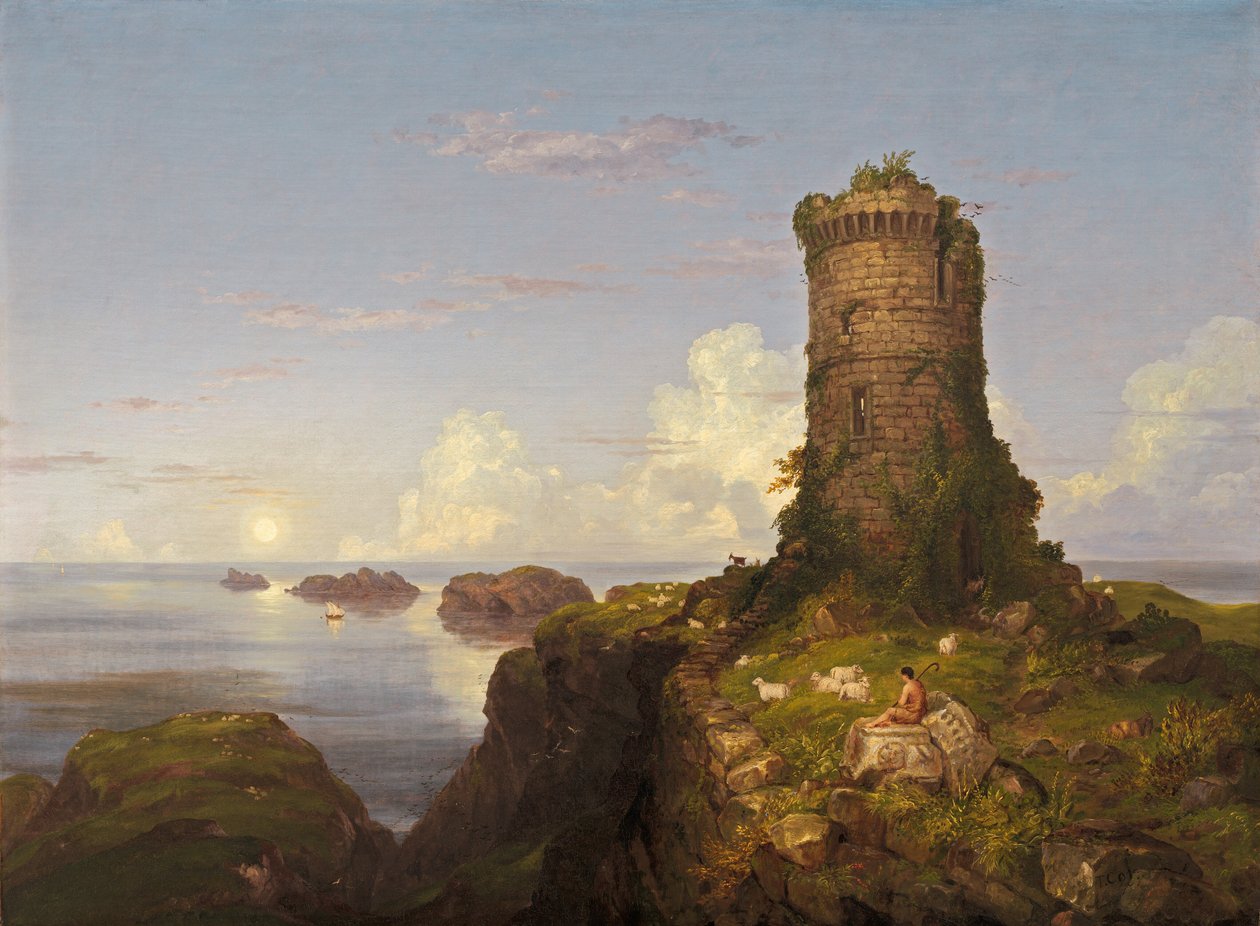 Scéna italského pobřeží se zničenou věží od Thomas Cole
