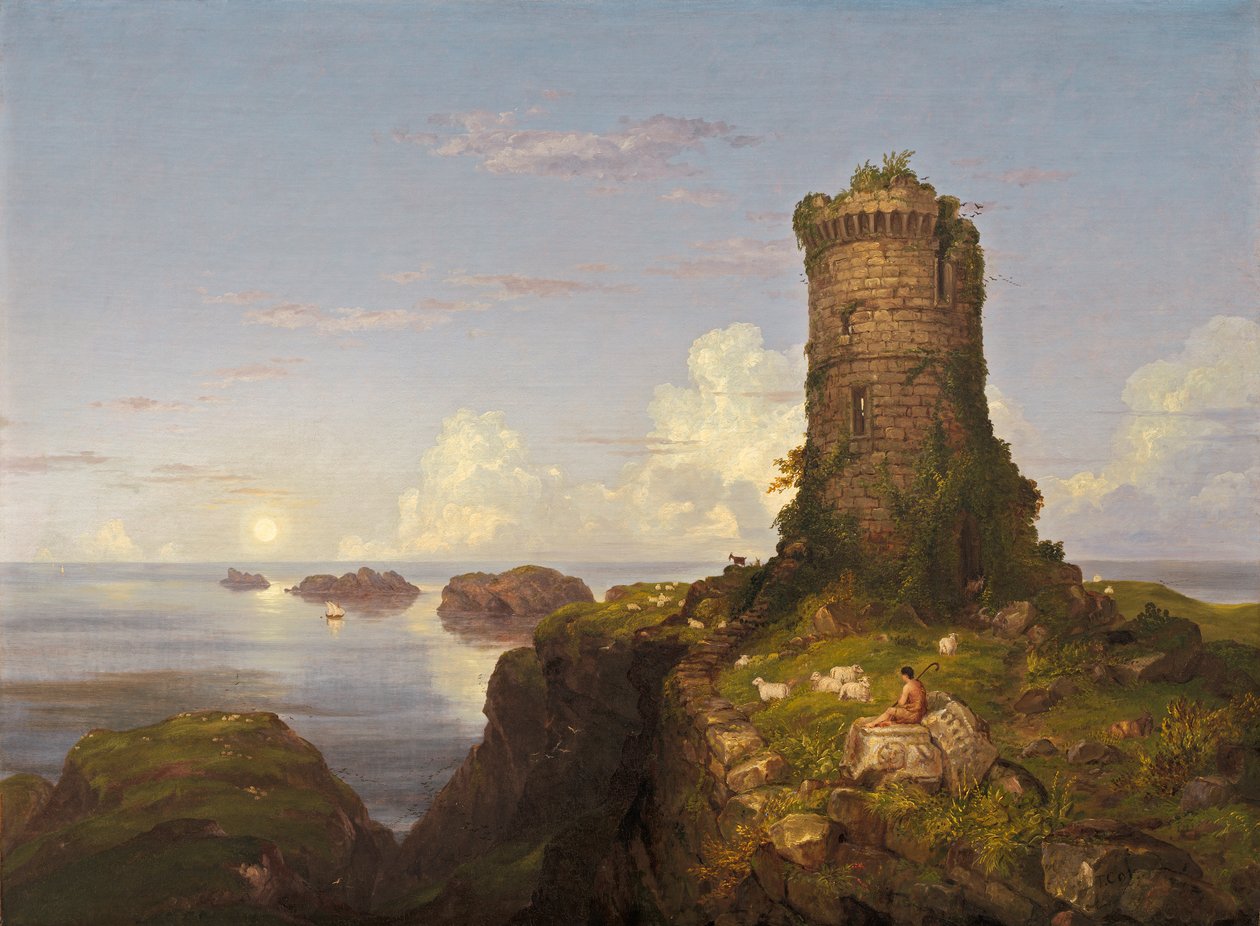 Scéna italského pobřeží se zničenou věží od Thomas Cole