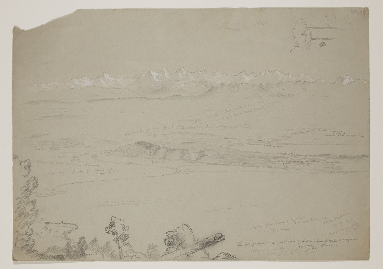 Jezero Yverdon nebo Neuchatel z Hill Chaumont, Švýcarsko, 1841 (tužka zvýrazněná kvašem na papíře) od Thomas Cole