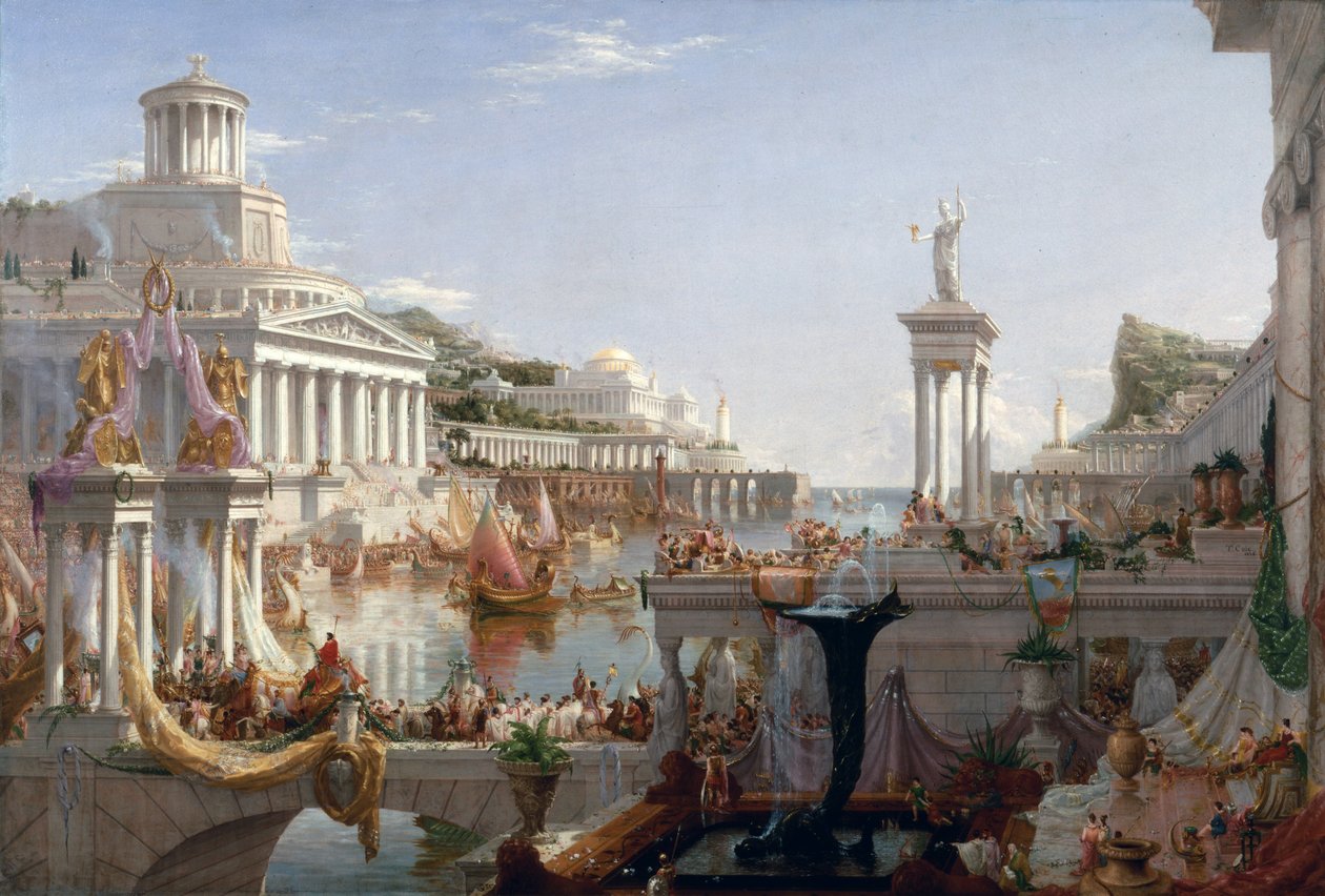 Průběh konzumace impéria - Apoteóza římské říše. Ve 2. plánu ostrov Atlantida (Atlantis) ve své nádheře. Malba Thomase Colea od Thomas Cole